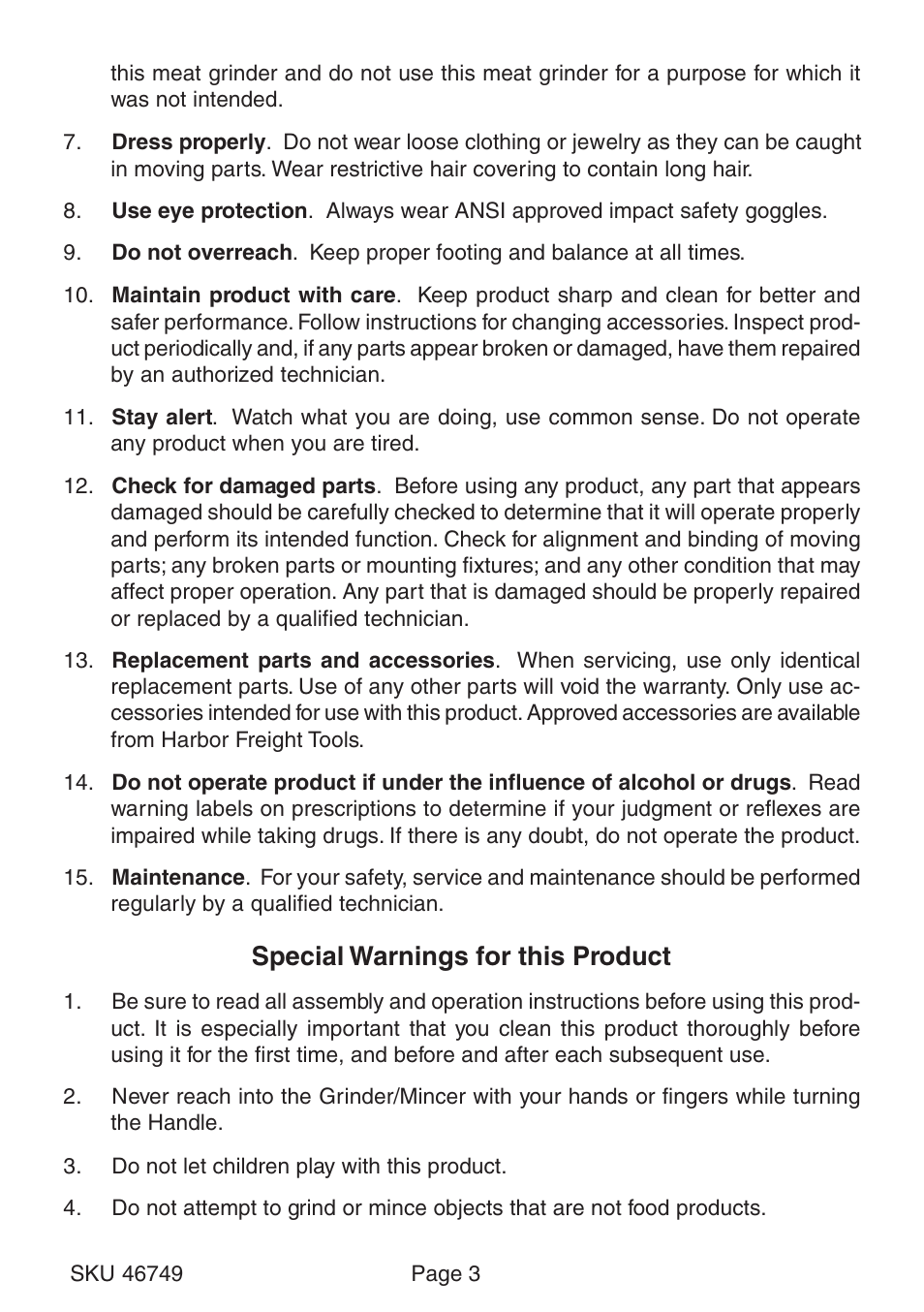 Special warnings for this product | Harbor Freight Tools 46749 User Manual | Page 3 / 6