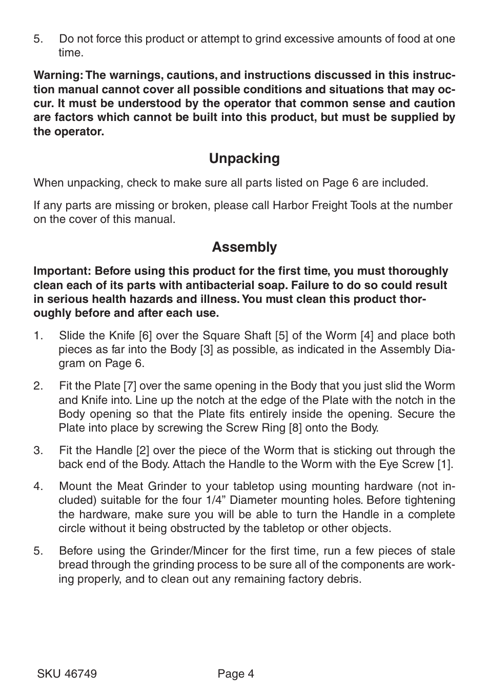 Unpacking, Assembly | Harbor Freight Tools 46749 User Manual | Page 4 / 6