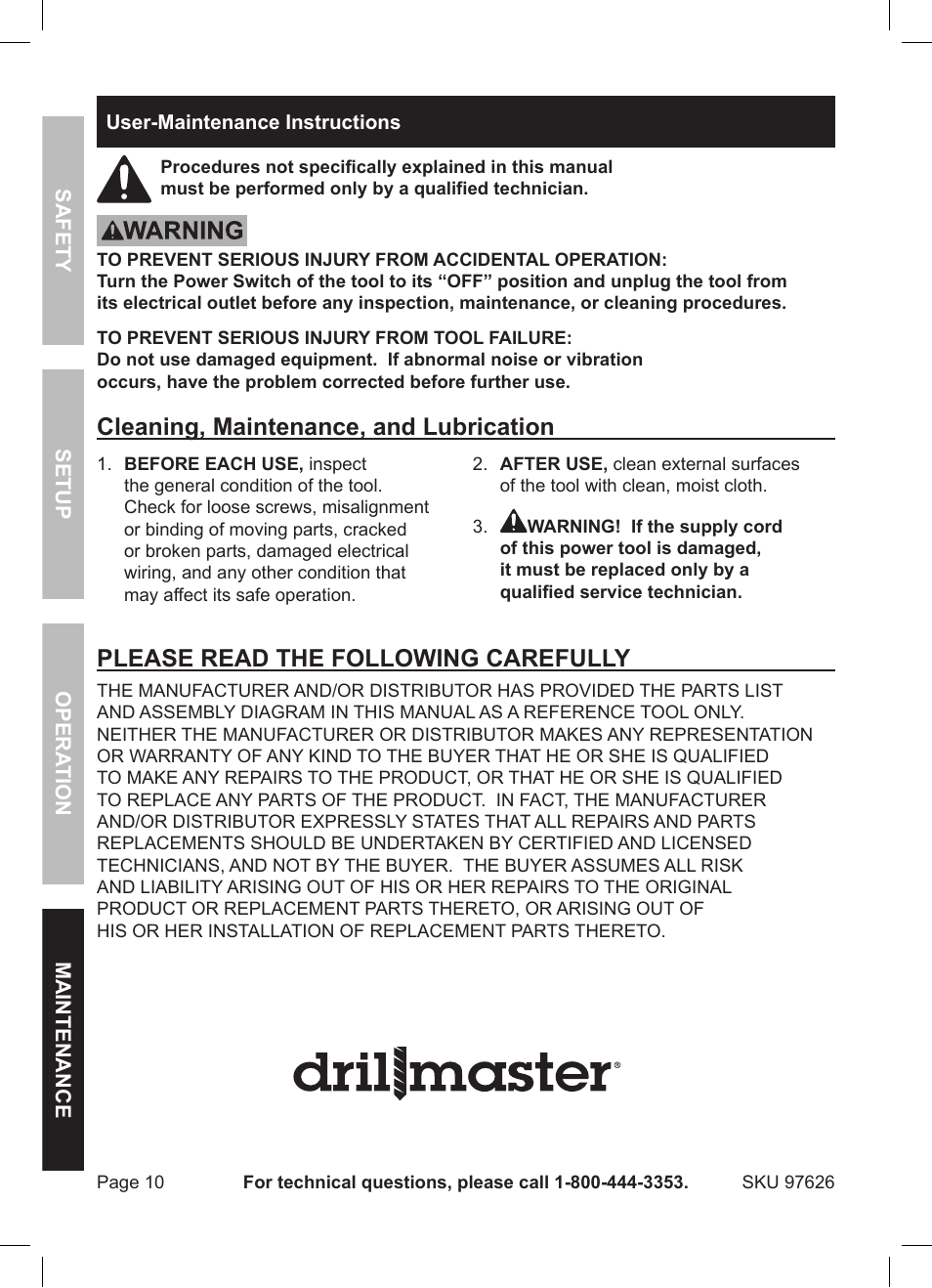 Cleaning, maintenance, and lubrication, Please read the following carefully | Harbor Freight Tools DRILL MASTER 97626 User Manual | Page 10 / 12