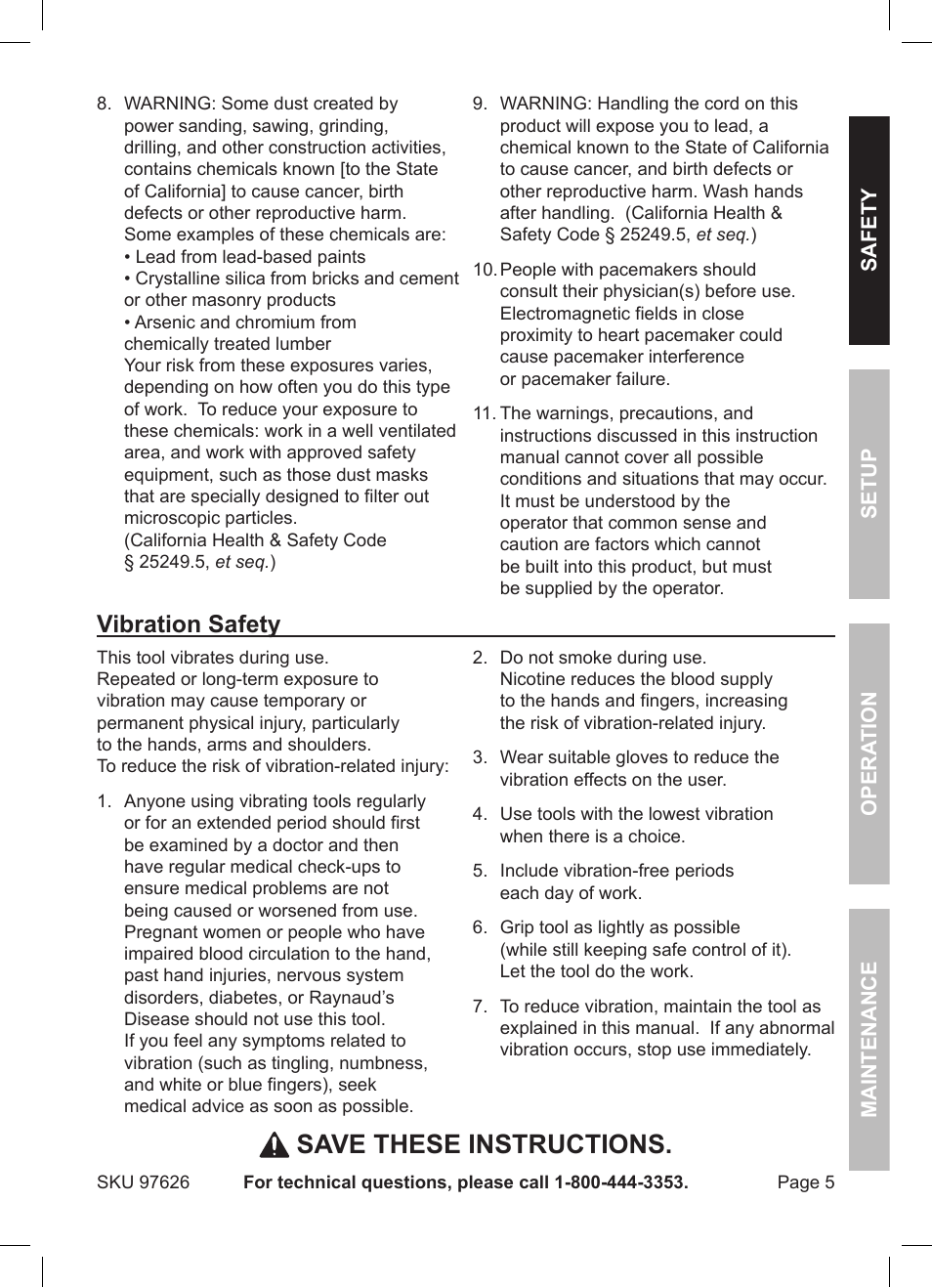 Save these instructions, Vibration safety | Harbor Freight Tools DRILL MASTER 97626 User Manual | Page 5 / 12