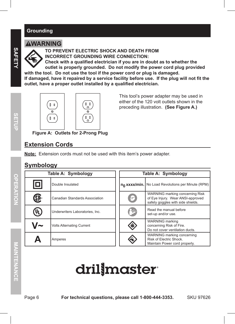 Extension cords, Symbology | Harbor Freight Tools DRILL MASTER 97626 User Manual | Page 6 / 12