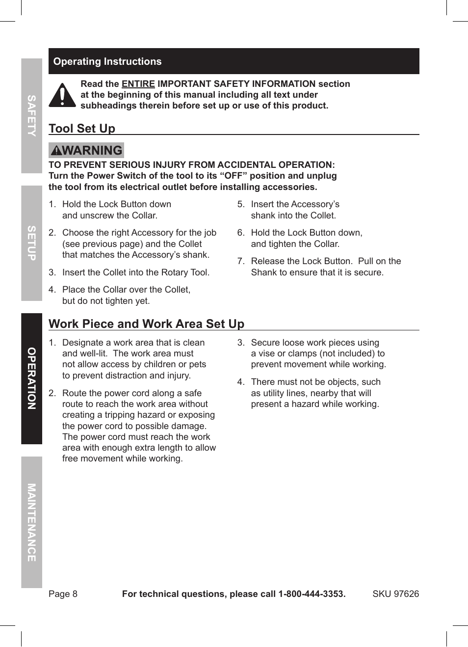 Tool set up, Work piece and work area set up | Harbor Freight Tools DRILL MASTER 97626 User Manual | Page 8 / 12