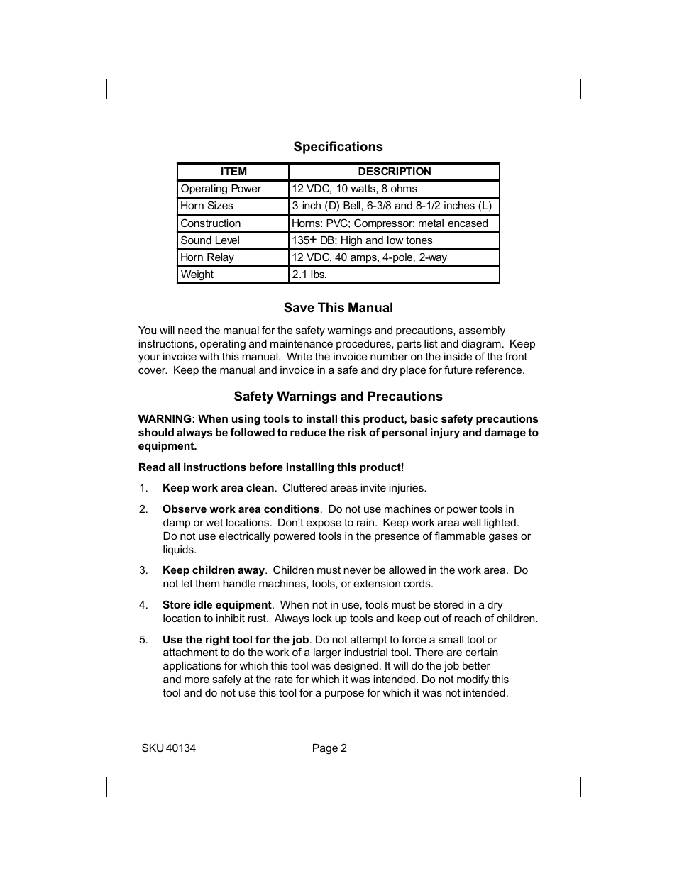 Harbor Freight Tools 40134 User Manual | Page 2 / 7