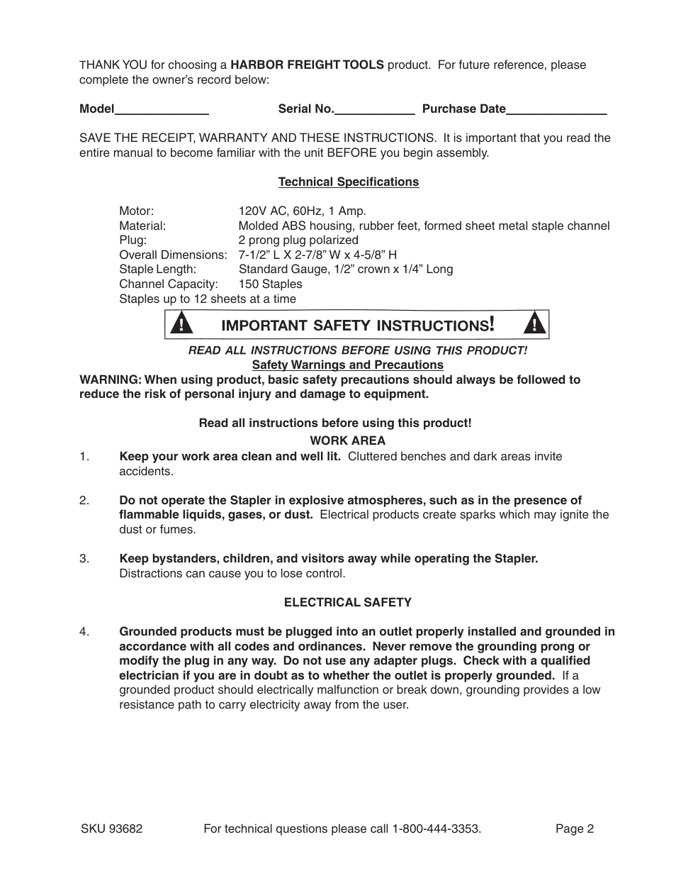 Harbor Freight Tools ELECTRIC STAPLER 93682 User Manual | Page 2 / 8