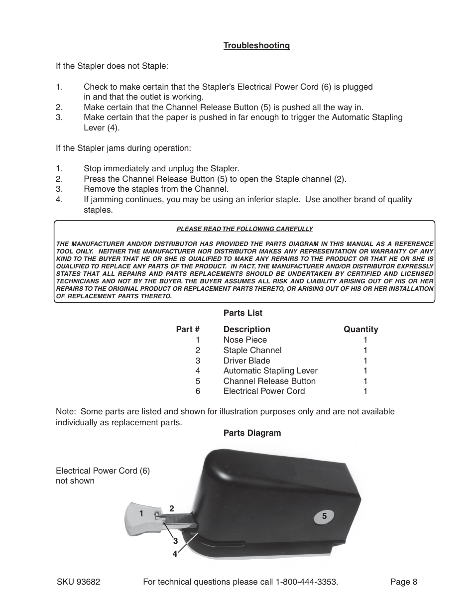 Harbor Freight Tools ELECTRIC STAPLER 93682 User Manual | Page 8 / 8