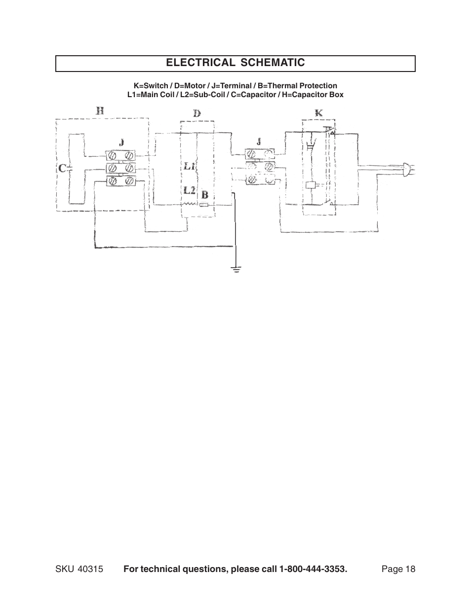 Electrical schematic | Harbor Freight Tools 40315 User Manual | Page 18 / 18