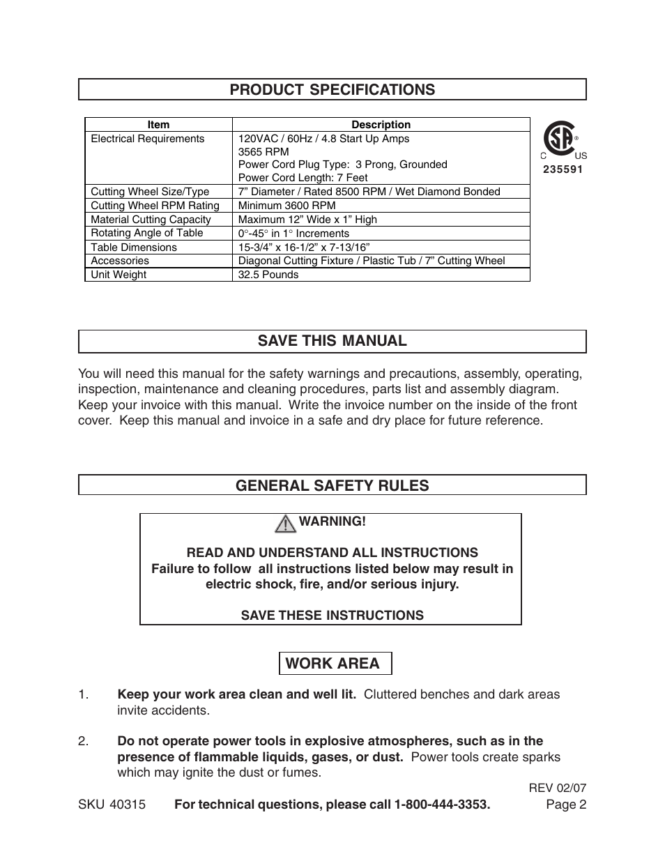 Product specifications save this manual, General safety rules, Work area | Harbor Freight Tools 40315 User Manual | Page 2 / 18