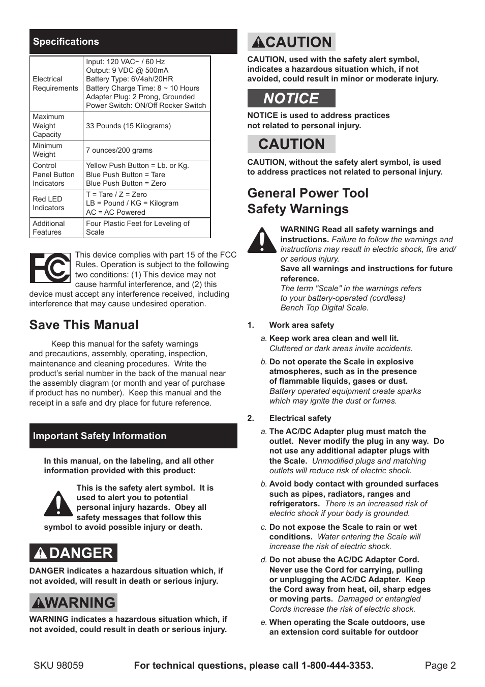 Save this manual, General power tool safety warnings | Harbor Freight Tools 98059 User Manual | Page 2 / 12