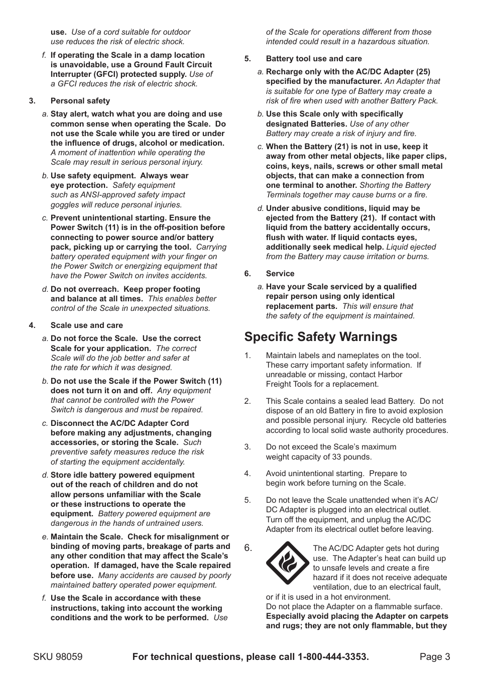 Specific safety warnings | Harbor Freight Tools 98059 User Manual | Page 3 / 12