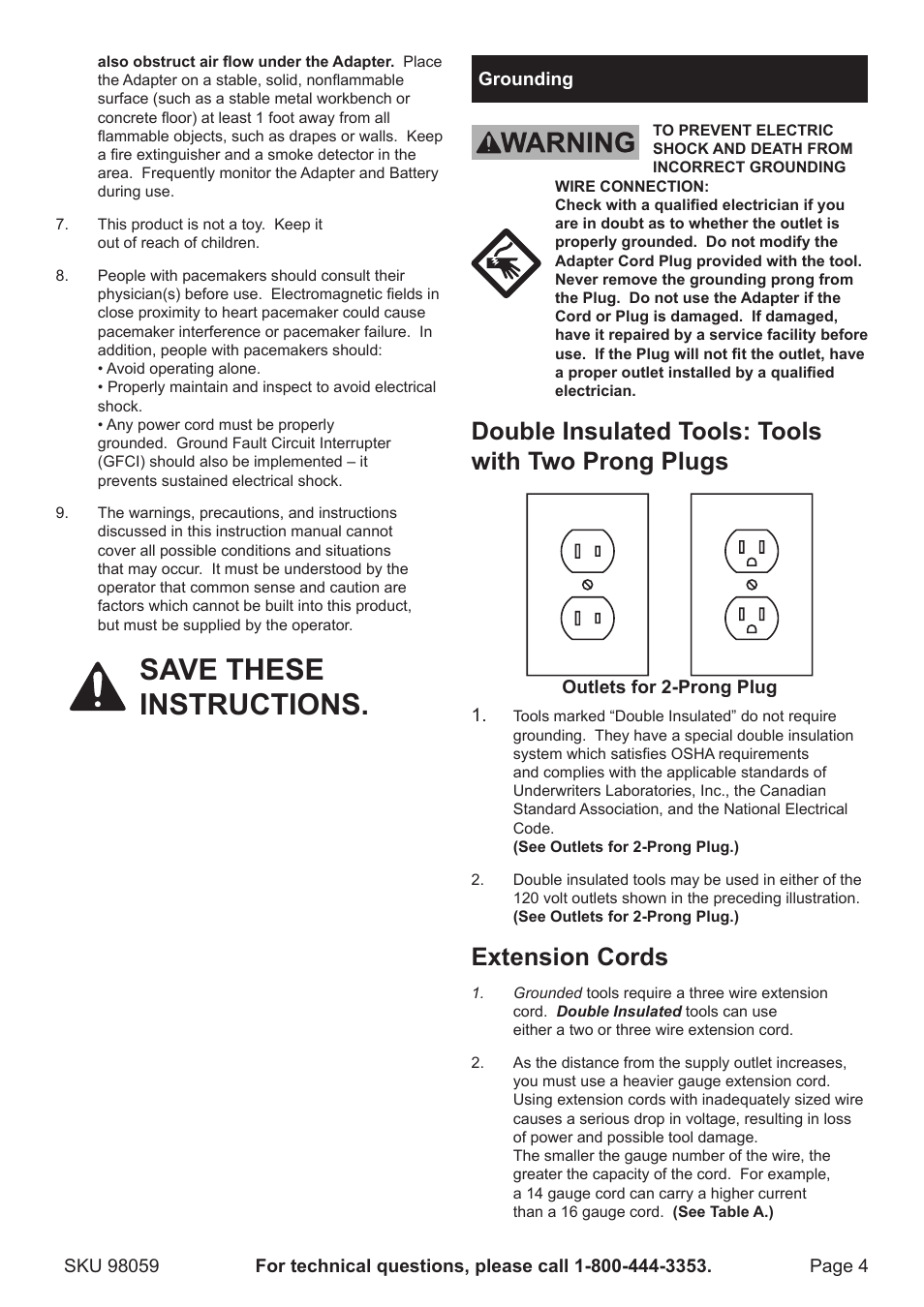 Save these instructions, Double insulated tools: tools with two prong plugs, Extension cords | Harbor Freight Tools 98059 User Manual | Page 4 / 12