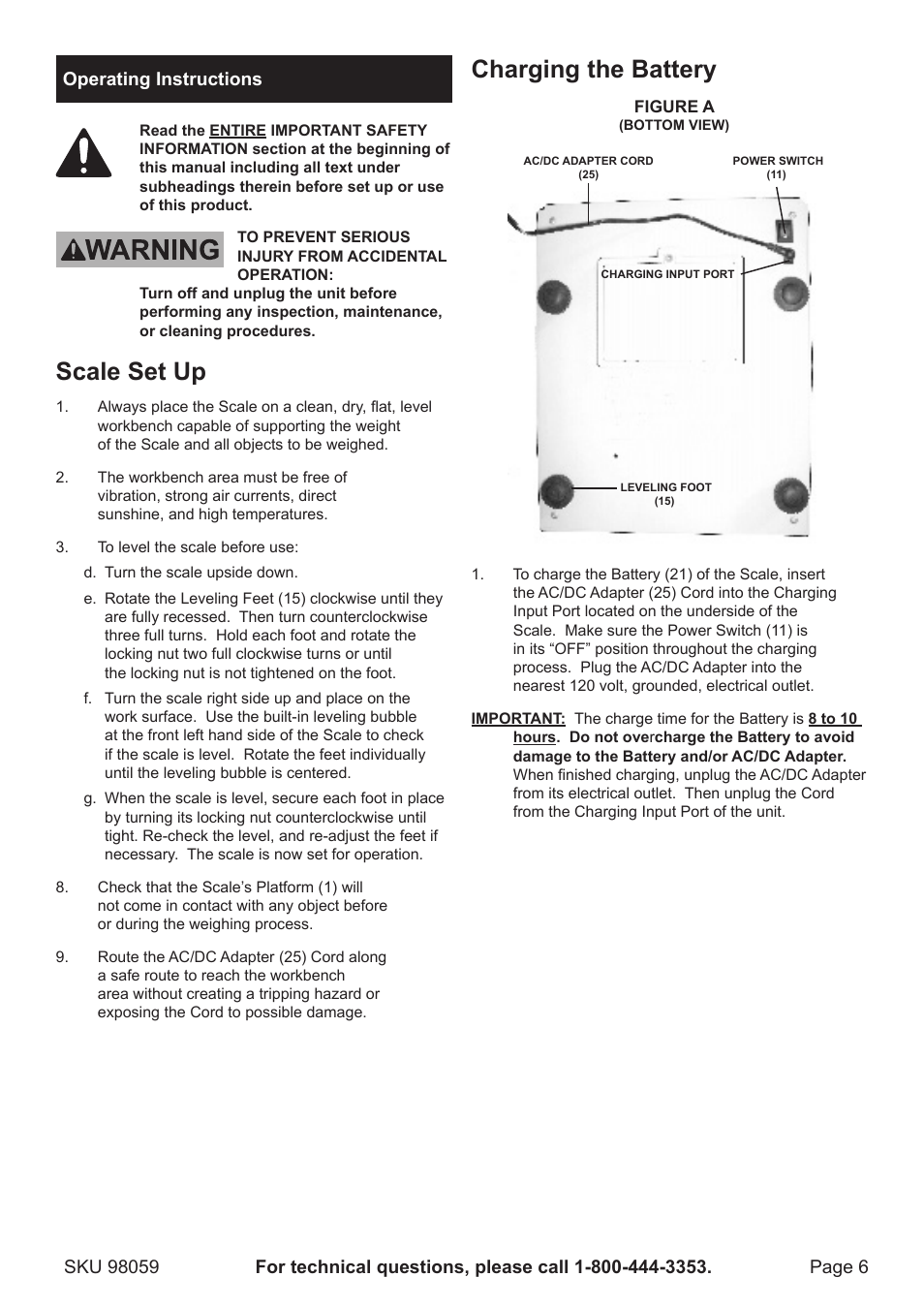 Scale set up, Charging the battery | Harbor Freight Tools 98059 User Manual | Page 6 / 12