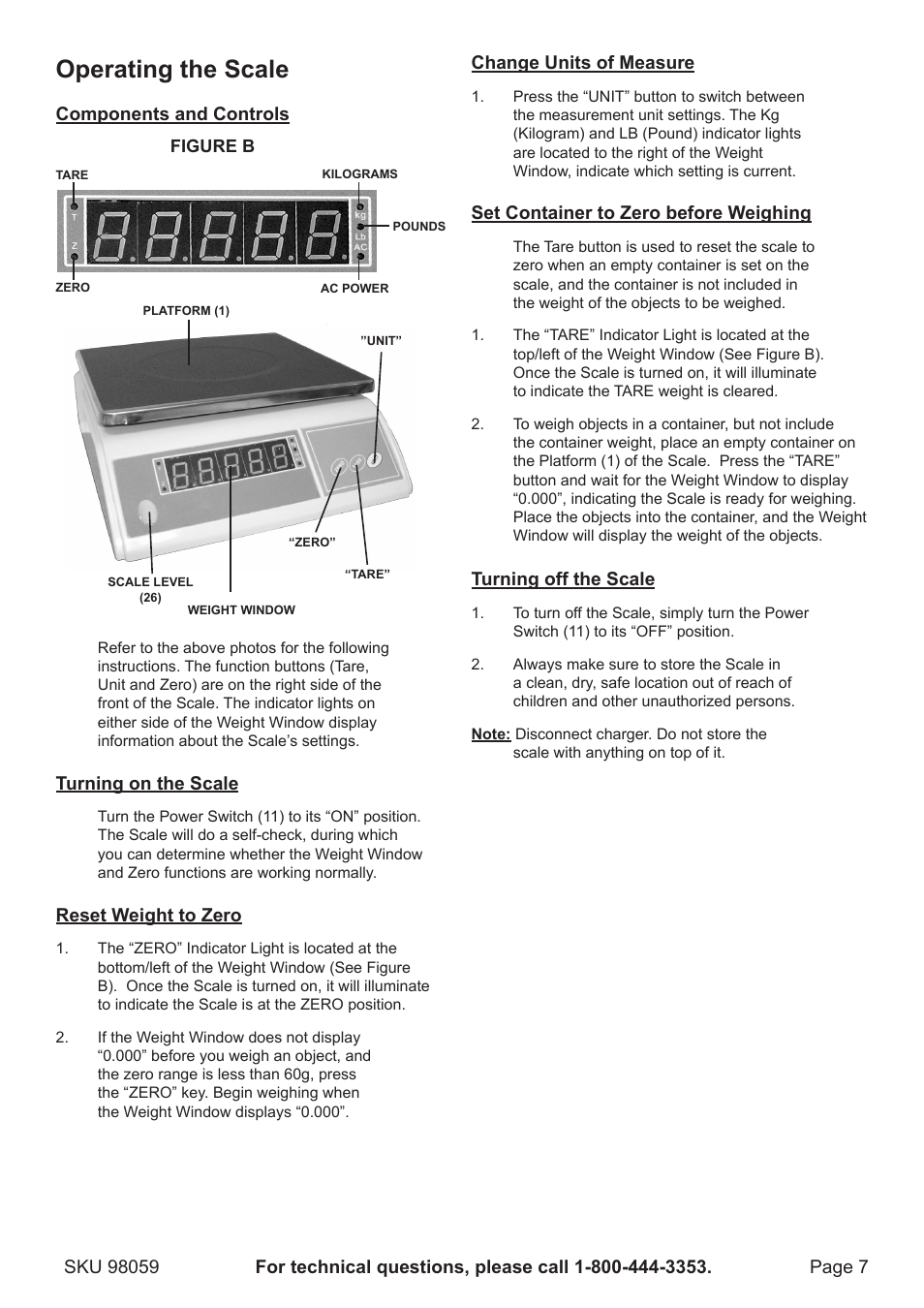 Operating the scale | Harbor Freight Tools 98059 User Manual | Page 7 / 12