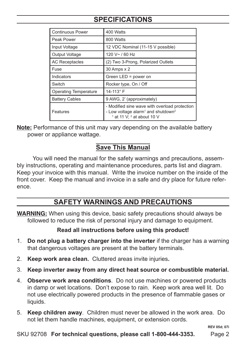 Specifications, Safety warnings and precautions, Save this manual | Harbor Freight Tools 92708 User Manual | Page 2 / 7