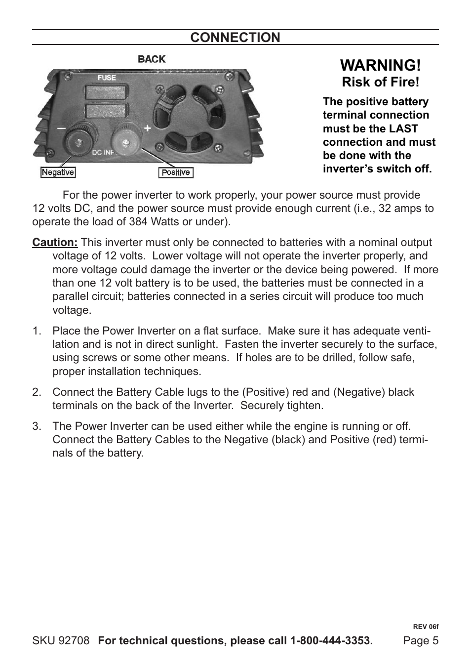 Warning, Connection, Risk of fire | Harbor Freight Tools 92708 User Manual | Page 5 / 7