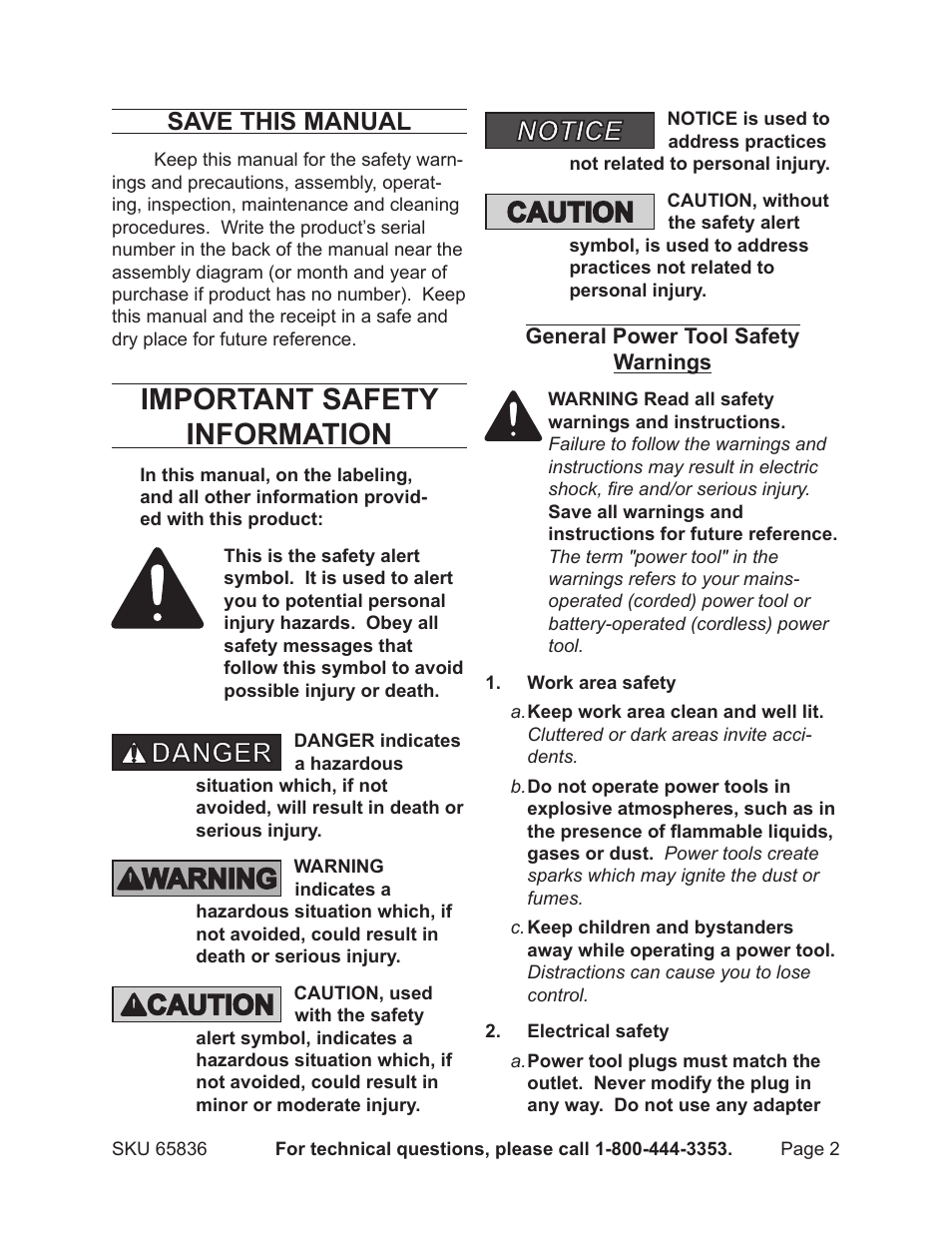 Important safety information, Save this manual | Harbor Freight Tools Pacific Hydrostar Portable Utility Pump 65836 User Manual | Page 2 / 12