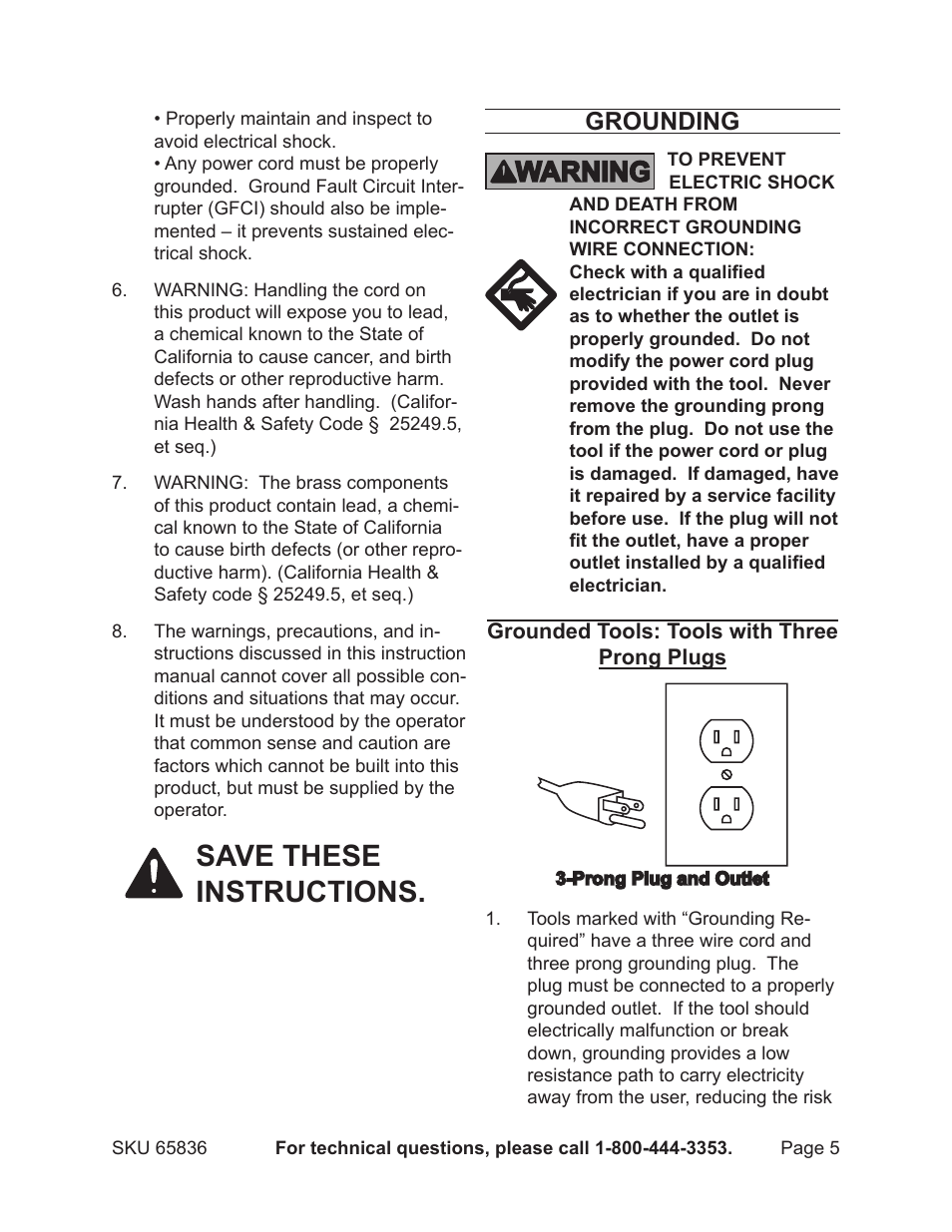 Save these instructions, Grounding | Harbor Freight Tools Pacific Hydrostar Portable Utility Pump 65836 User Manual | Page 5 / 12