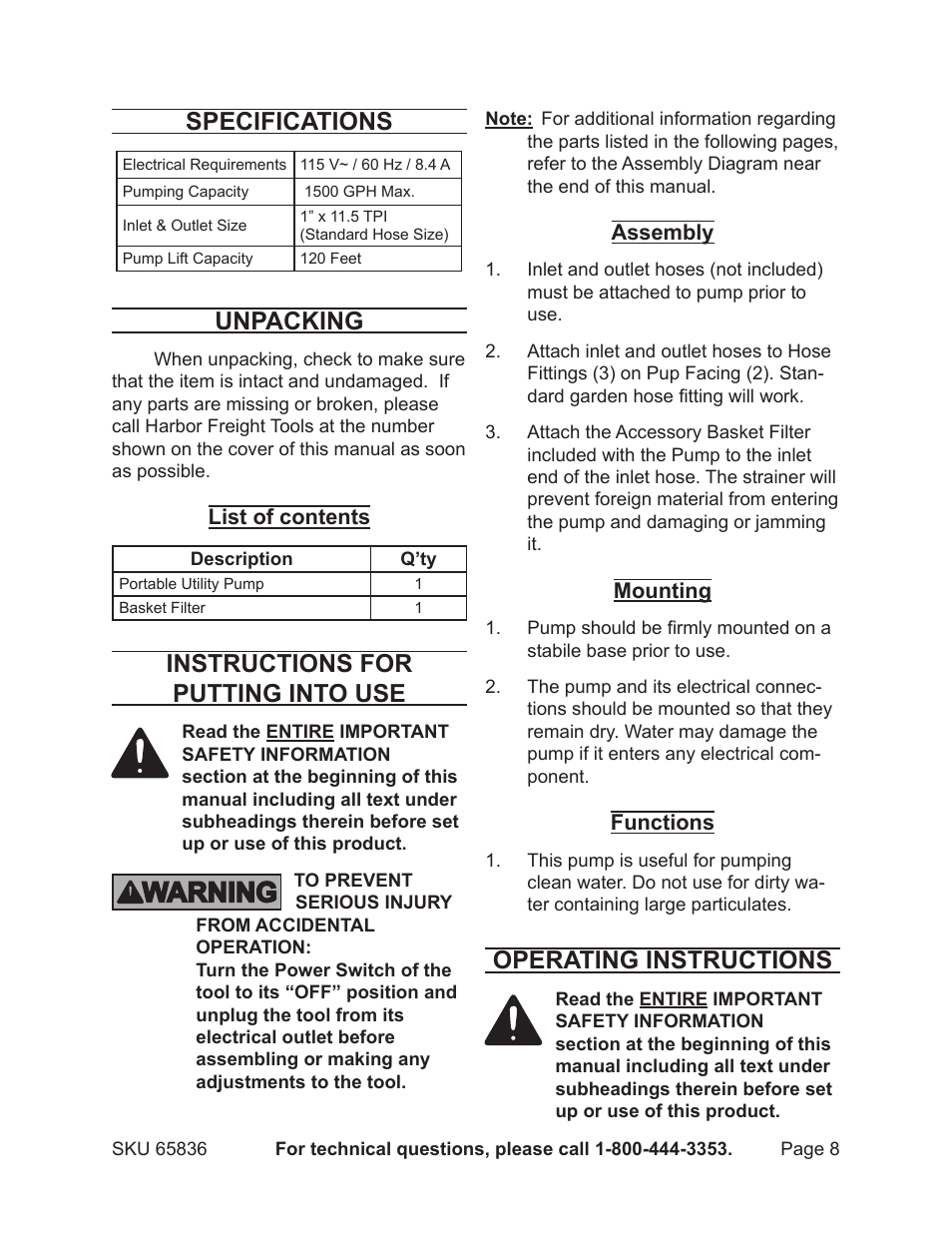 Specifications, Unpacking, Instructions for putting into use | Operating instructions | Harbor Freight Tools Pacific Hydrostar Portable Utility Pump 65836 User Manual | Page 8 / 12