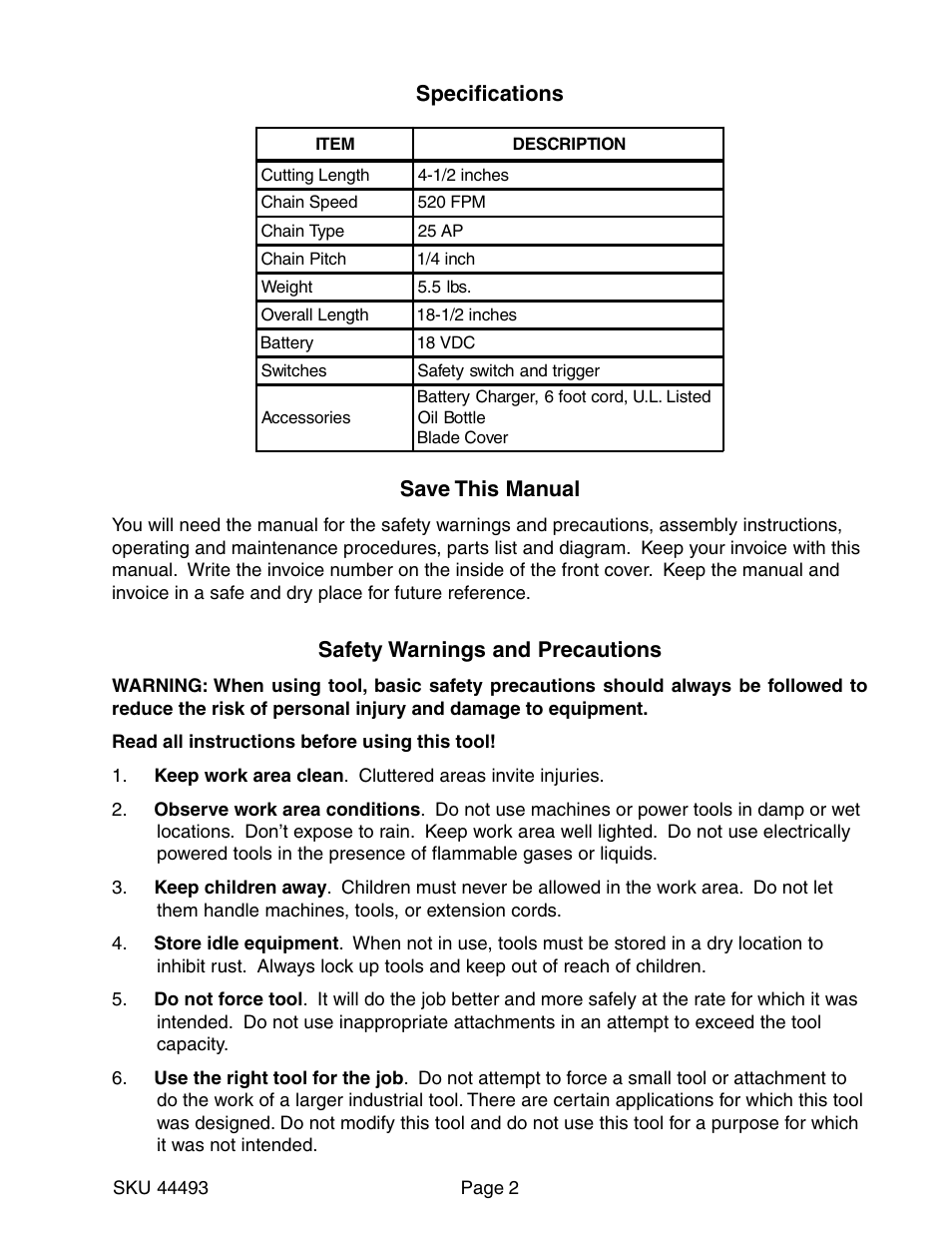 Harbor Freight Tools 44493 User Manual | Page 2 / 8