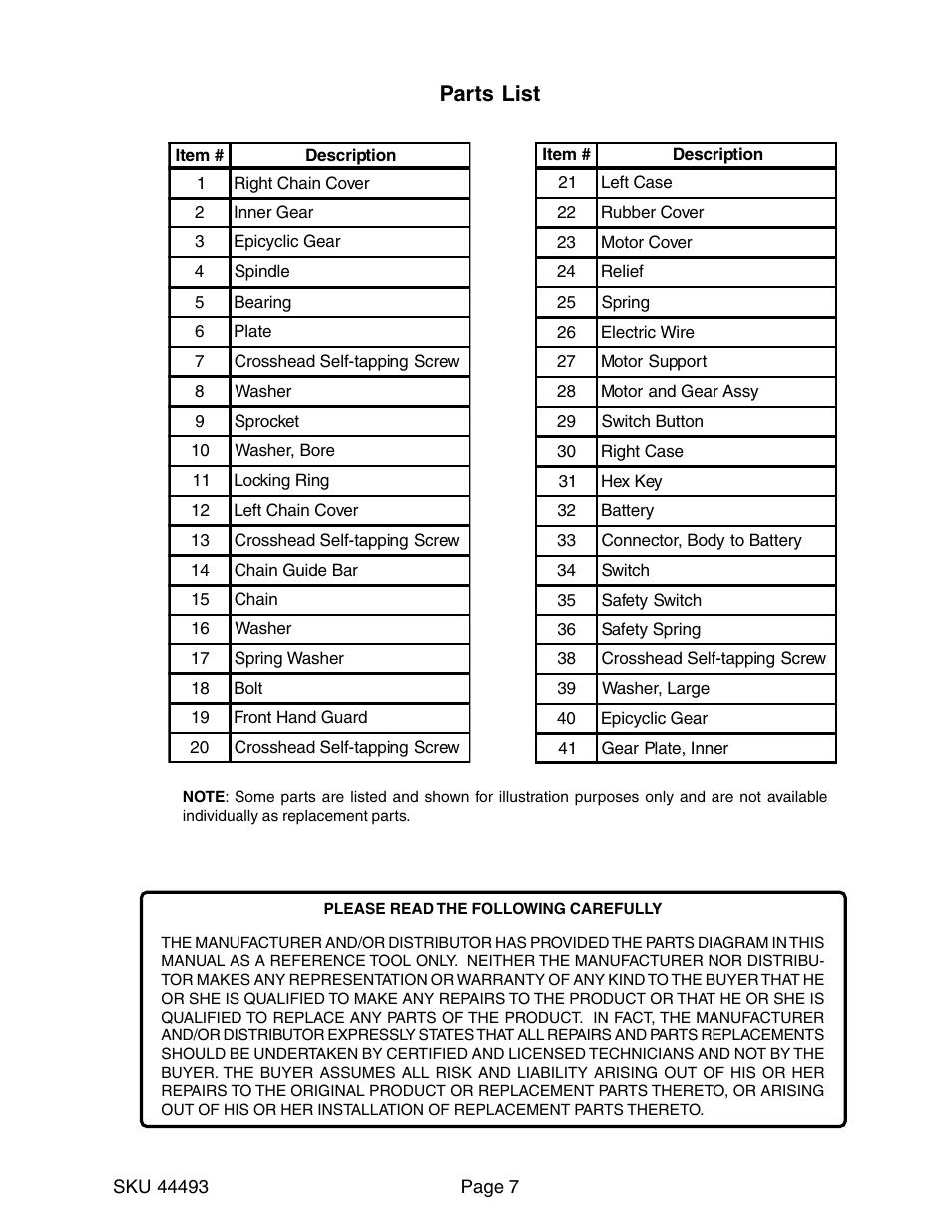 Parts list | Harbor Freight Tools 44493 User Manual | Page 7 / 8