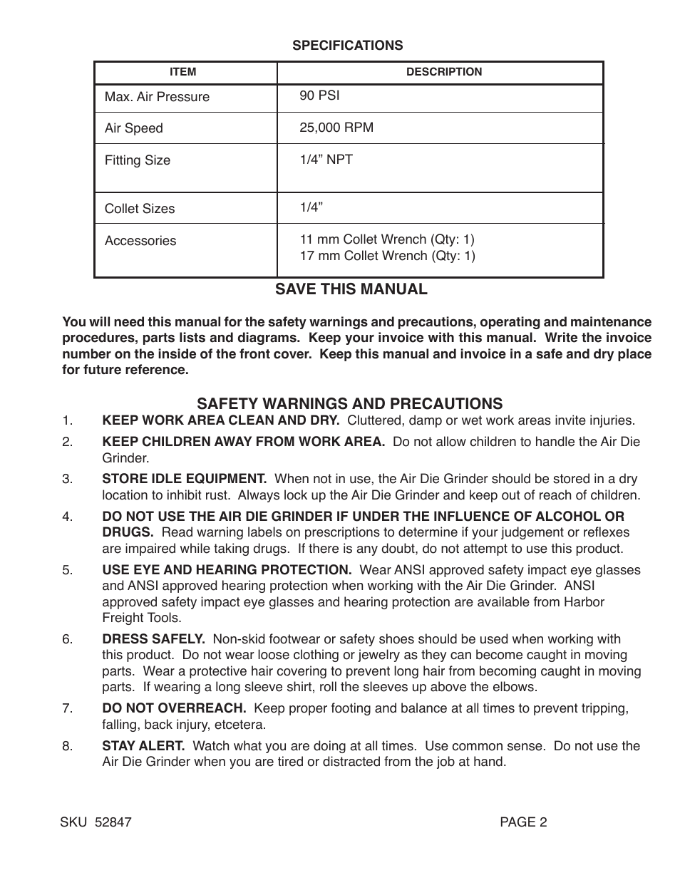 Harbor Freight Tools 52847 User Manual | Page 2 / 7