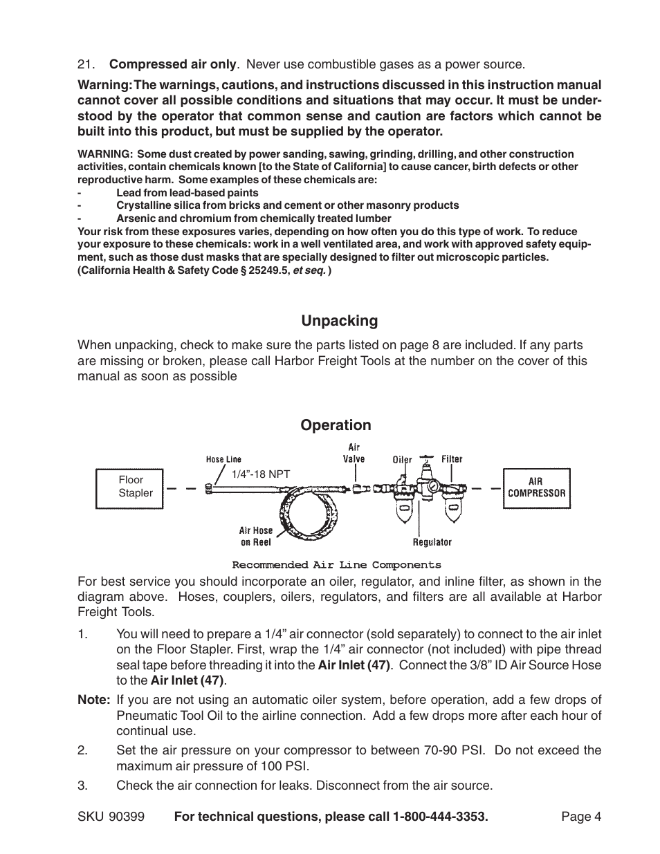 Operation, Unpacking | Harbor Freight Tools 90399 User Manual | Page 4 / 9