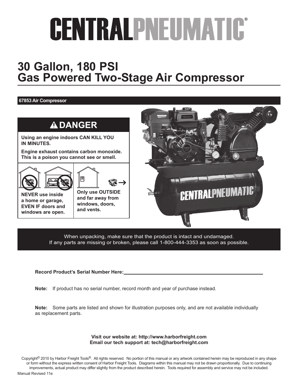 Harbor Freight Tools Gas Powered Two-Stage Air Compressor 67853 User Manual | 53 pages