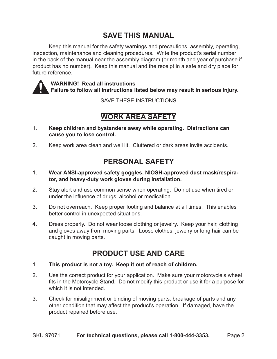 Save this manual, Work area safety, Personal safety | Product use and care | Harbor Freight Tools USGENERAL 97071 User Manual | Page 2 / 8