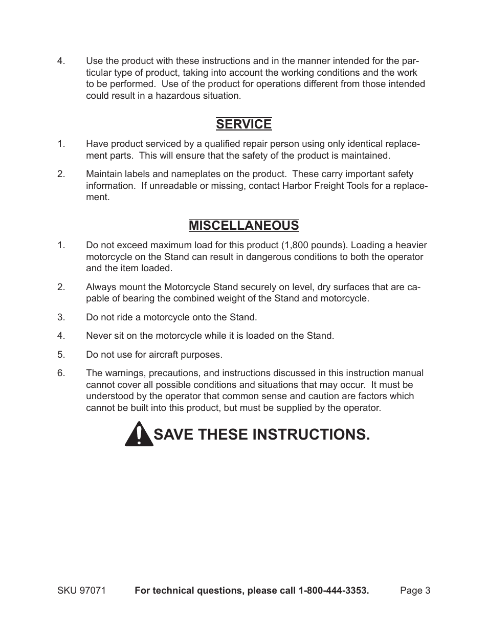 Save these instructions, Service, Miscellaneous | Harbor Freight Tools USGENERAL 97071 User Manual | Page 3 / 8