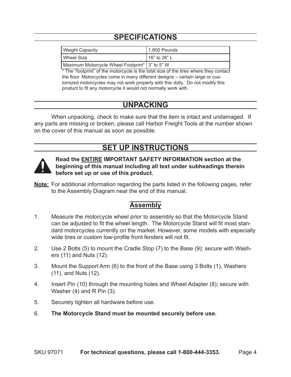 Specifications, Unpacking, Set up instructions | Harbor Freight Tools USGENERAL 97071 User Manual | Page 4 / 8