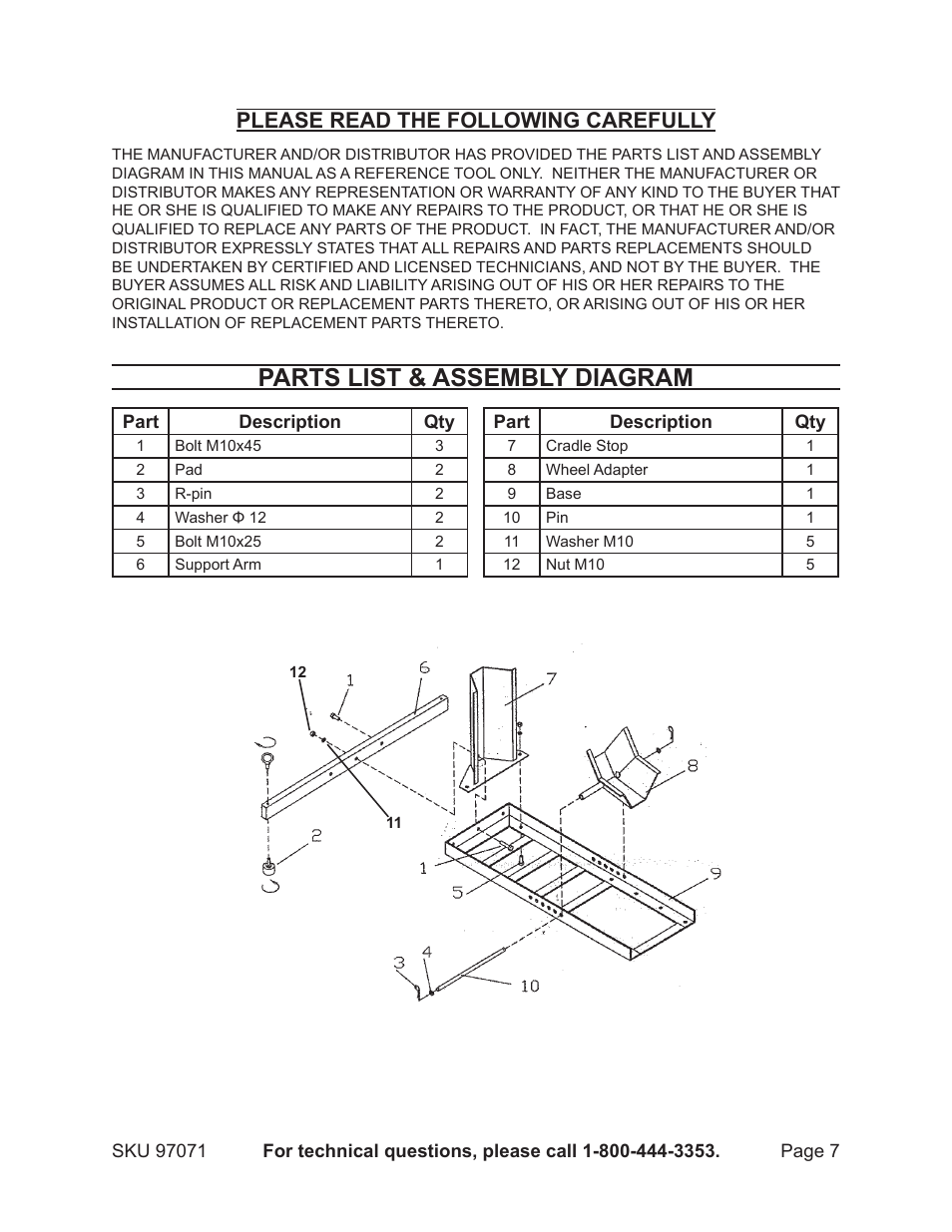 Parts list & assembly diagram, Please read the following carefully | Harbor Freight Tools USGENERAL 97071 User Manual | Page 7 / 8