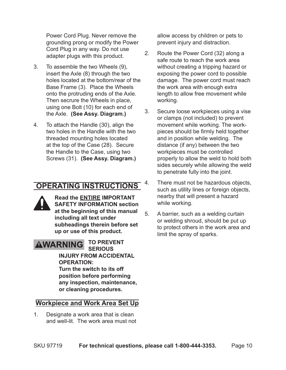 Operating instructions | Harbor Freight Tools 97719 User Manual | Page 10 / 17