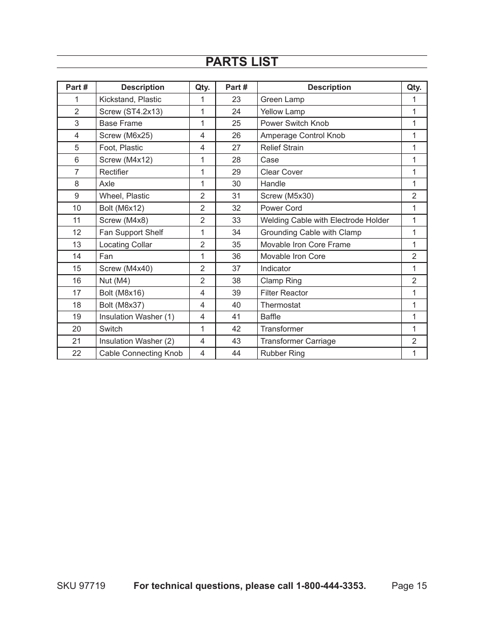 Parts list | Harbor Freight Tools 97719 User Manual | Page 15 / 17