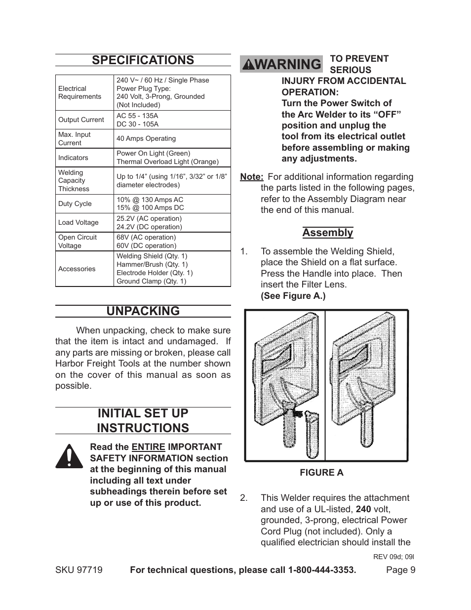 Specifications, Unpacking, Initial set up instructions | Assembly | Harbor Freight Tools 97719 User Manual | Page 9 / 17