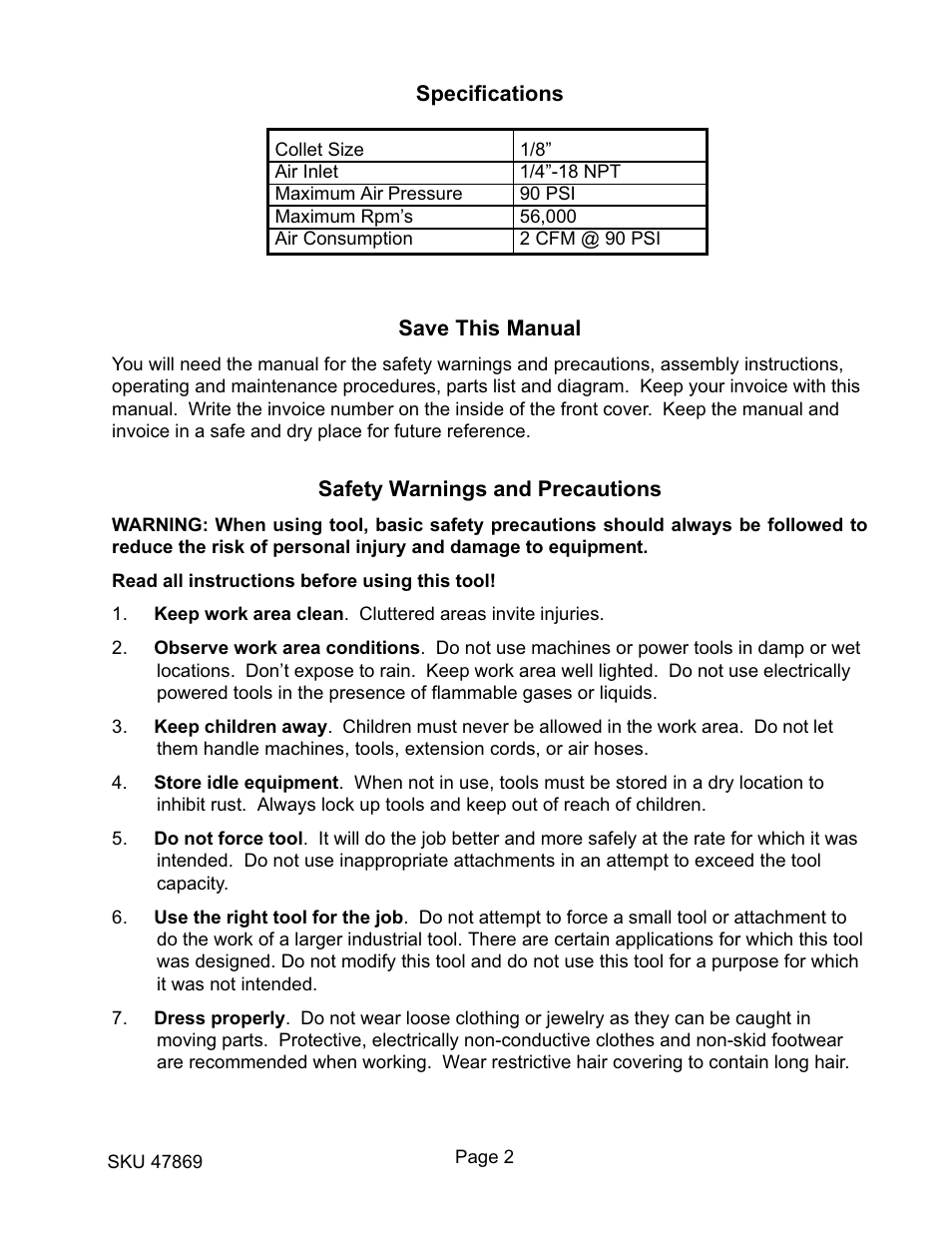 Harbor Freight Tools 47869 User Manual | Page 2 / 8