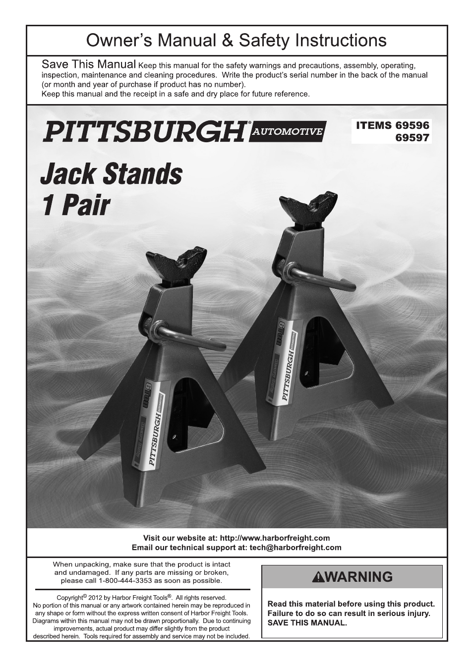 Harbor Freight Tools Pittsburgh Automotive Jack Stands 69596 User Manual | 4 pages