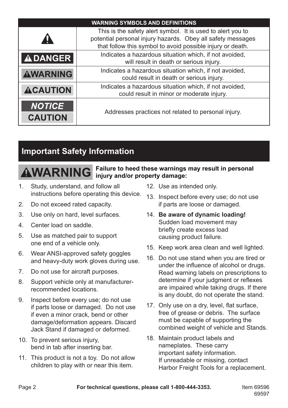 Important safety information | Harbor Freight Tools Pittsburgh Automotive Jack Stands 69596 User Manual | Page 2 / 4