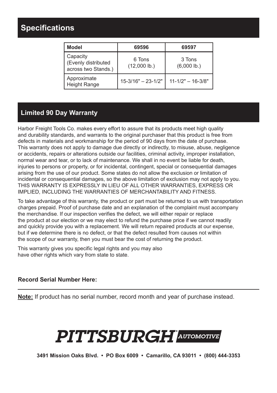 Specifications, Limited 90 day warranty | Harbor Freight Tools Pittsburgh Automotive Jack Stands 69596 User Manual | Page 4 / 4