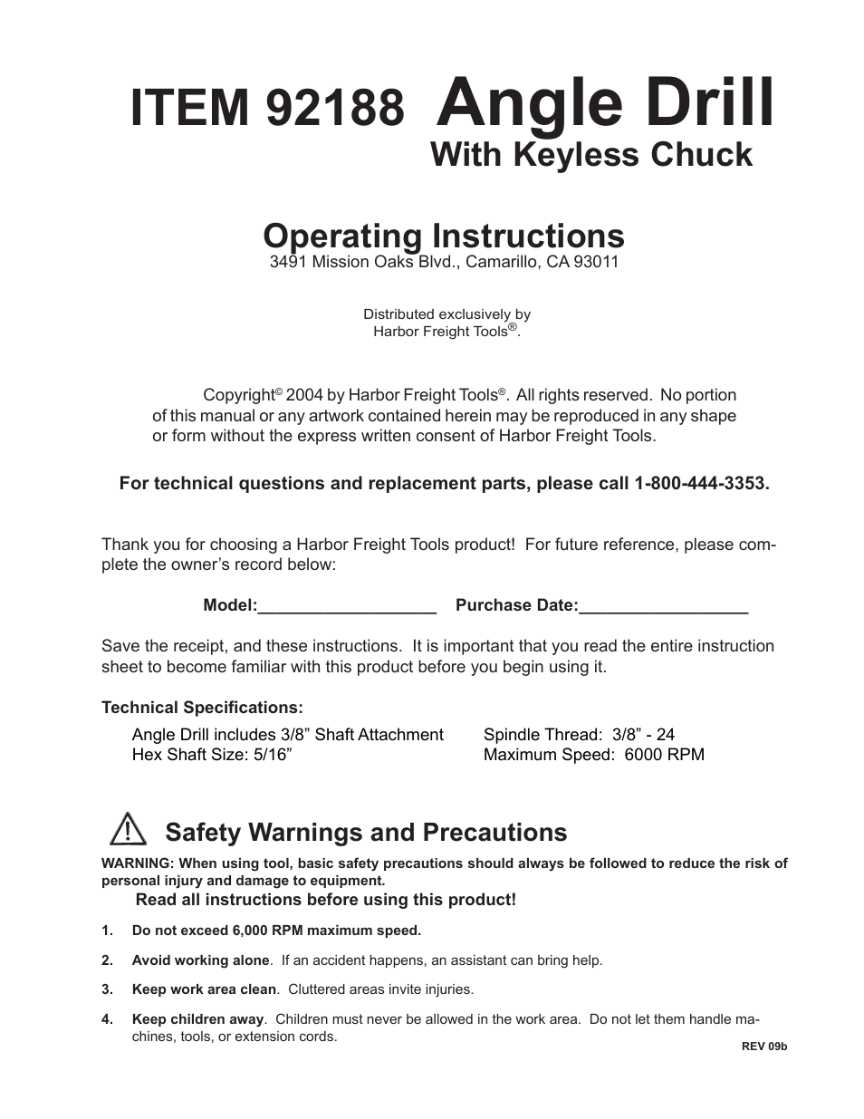 Harbor Freight Tools Angle Drill With Keyless Chuck 92188 User Manual | 4 pages