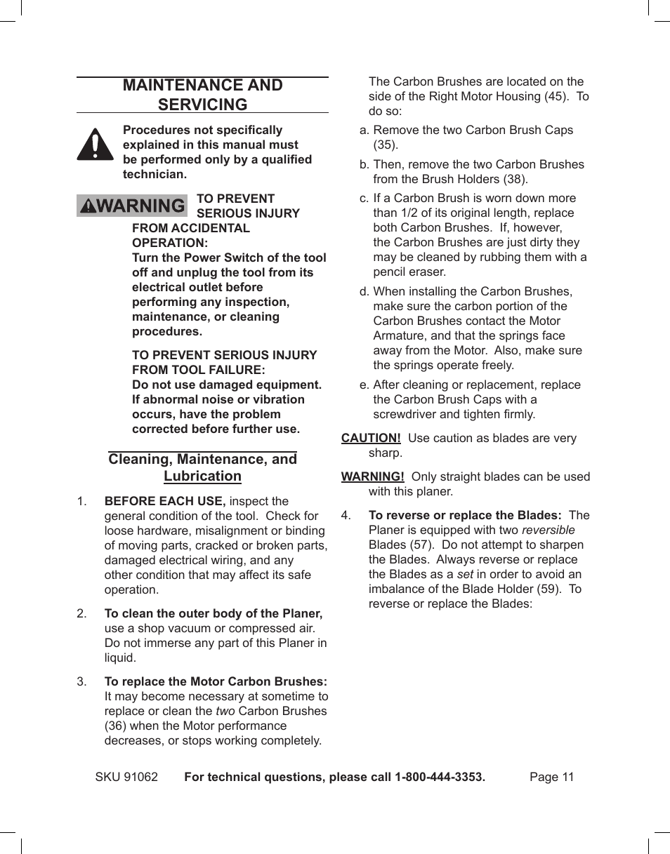 Maintenance and servicing | Harbor Freight Tools 91062 User Manual | Page 11 / 16