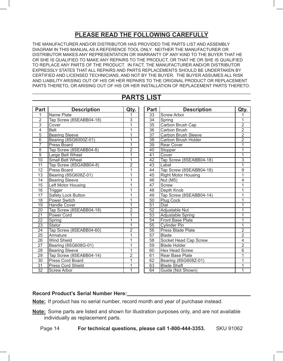 Parts list, Please read the following carefully | Harbor Freight Tools 91062 User Manual | Page 14 / 16