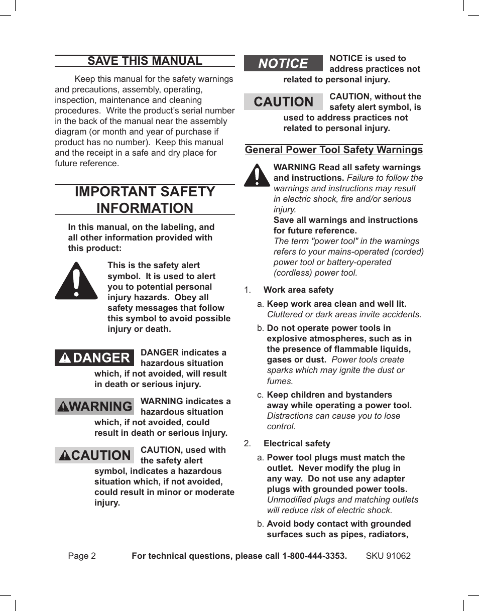 Important safety information, Save this manual | Harbor Freight Tools 91062 User Manual | Page 2 / 16