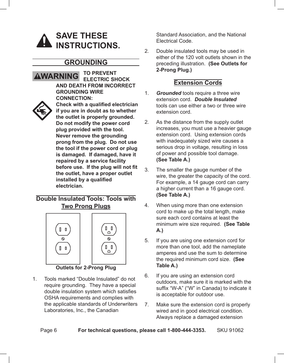 Save these instructions, Grounding | Harbor Freight Tools 91062 User Manual | Page 6 / 16