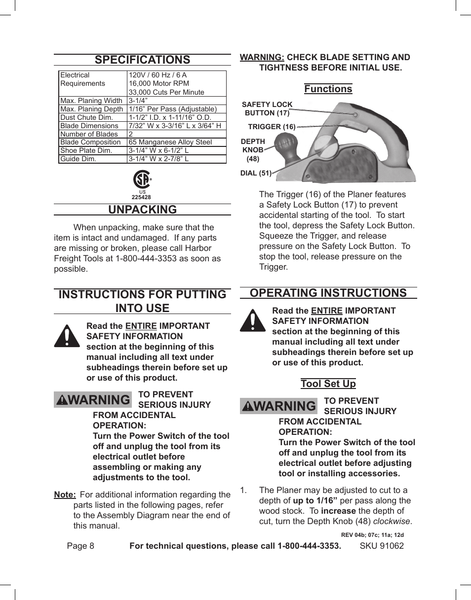 Specifications, Unpacking, Instructions for putting into use | Operating instructions, Functions, Tool set up | Harbor Freight Tools 91062 User Manual | Page 8 / 16