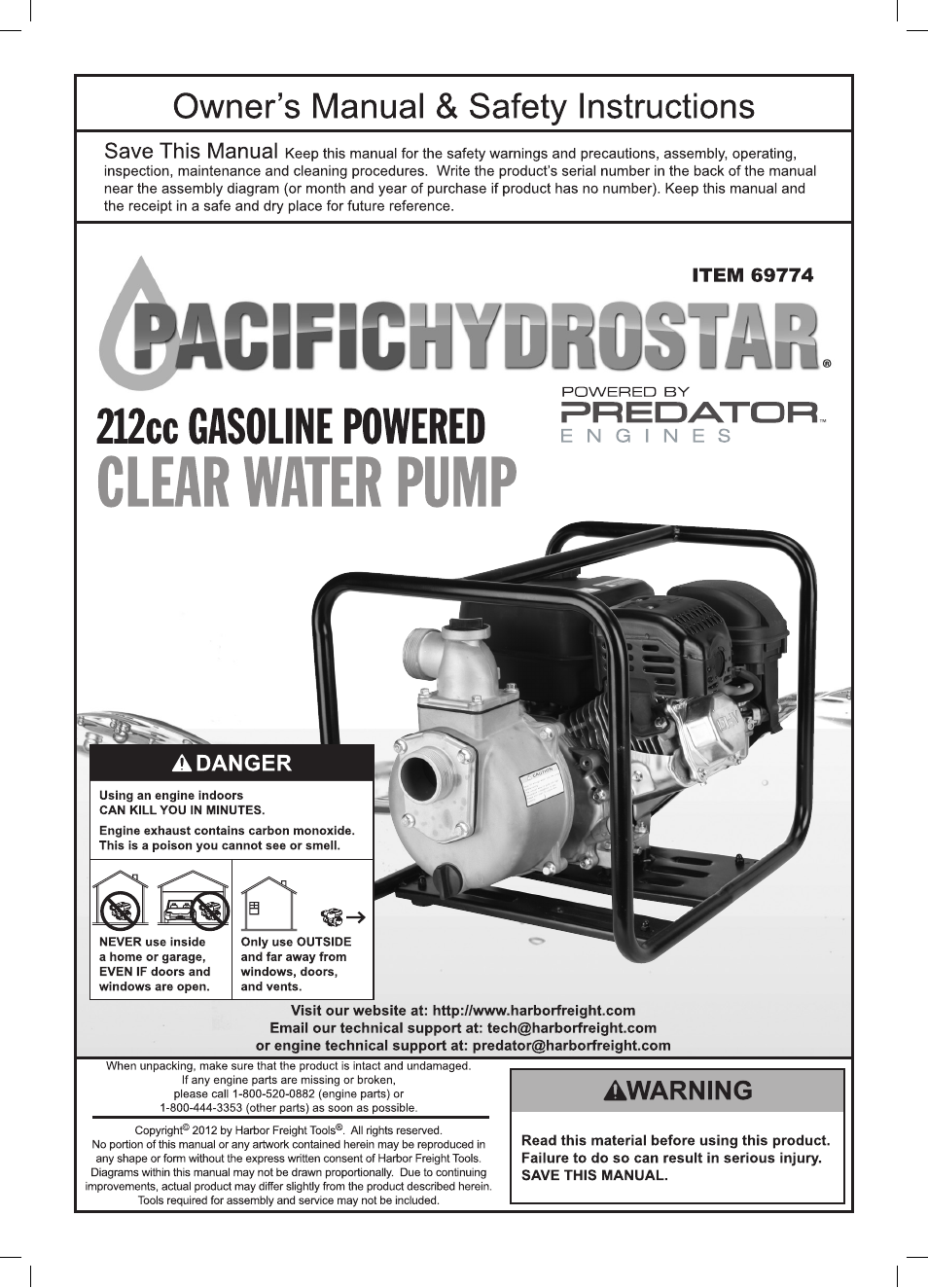 Harbor Freight Tools Pacific Hydrostar 212cc Gasoline Powered Clear Water Pump 69774 User Manual | 24 pages