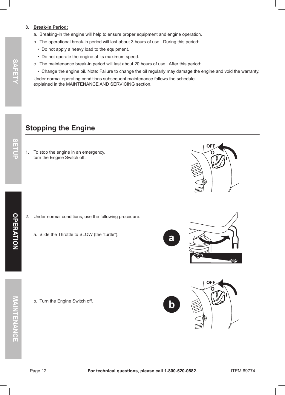 Stopping the engine, Safety opera tion maintenance setup | Harbor Freight Tools Pacific Hydrostar 212cc Gasoline Powered Clear Water Pump 69774 User Manual | Page 12 / 24