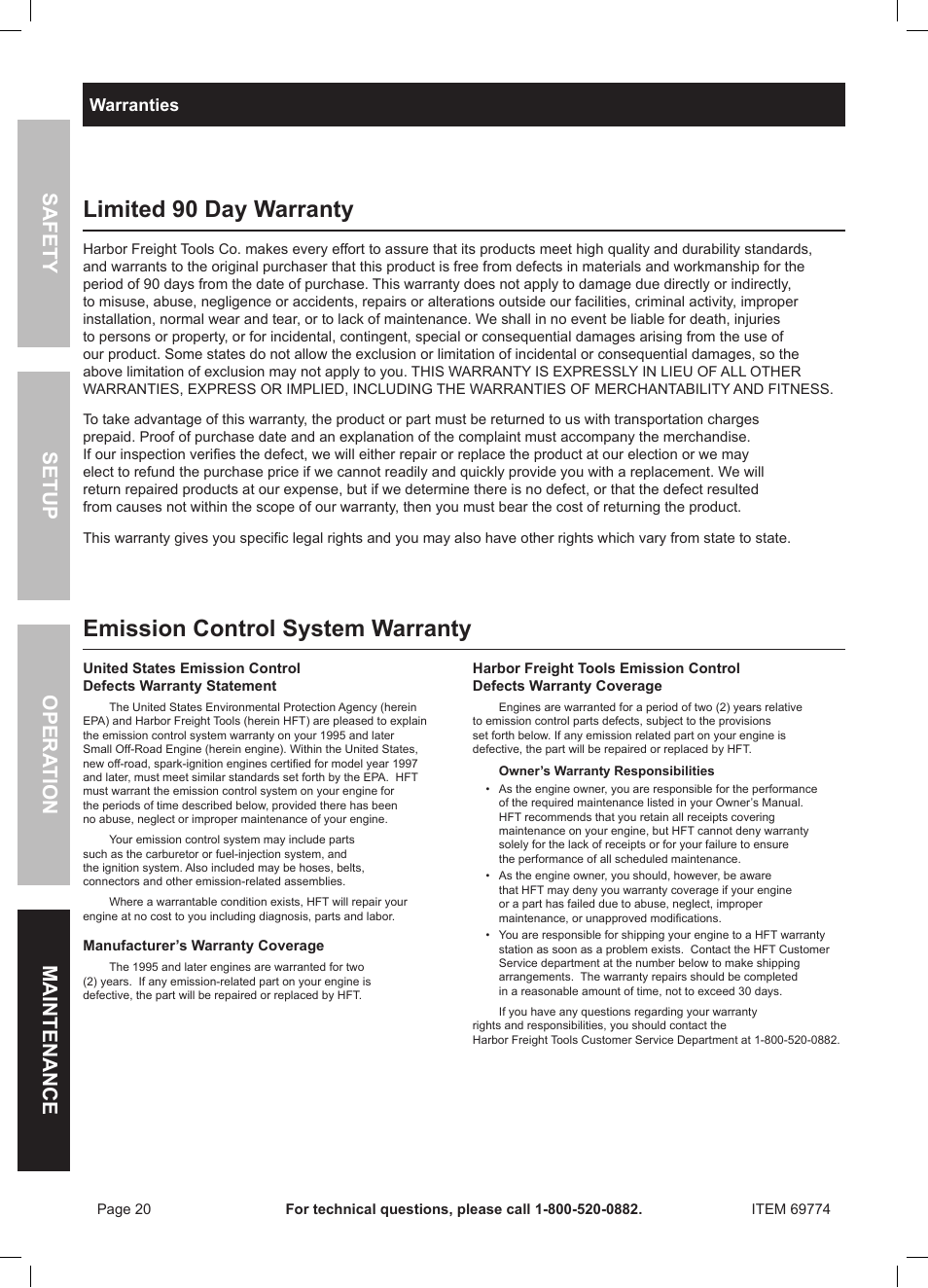 Limited 90 day warranty, Emission control system warranty, Safety opera tion maintenance setup | Warranties | Harbor Freight Tools Pacific Hydrostar 212cc Gasoline Powered Clear Water Pump 69774 User Manual | Page 20 / 24