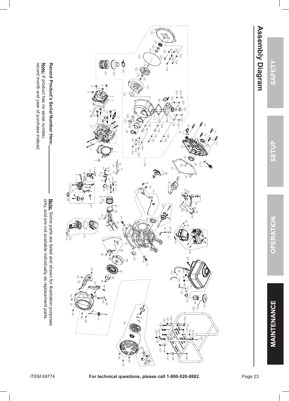 Assembly diagram, Safety opera tion maintenance setup | Harbor Freight Tools Pacific Hydrostar 212cc Gasoline Powered Clear Water Pump 69774 User Manual | Page 23 / 24