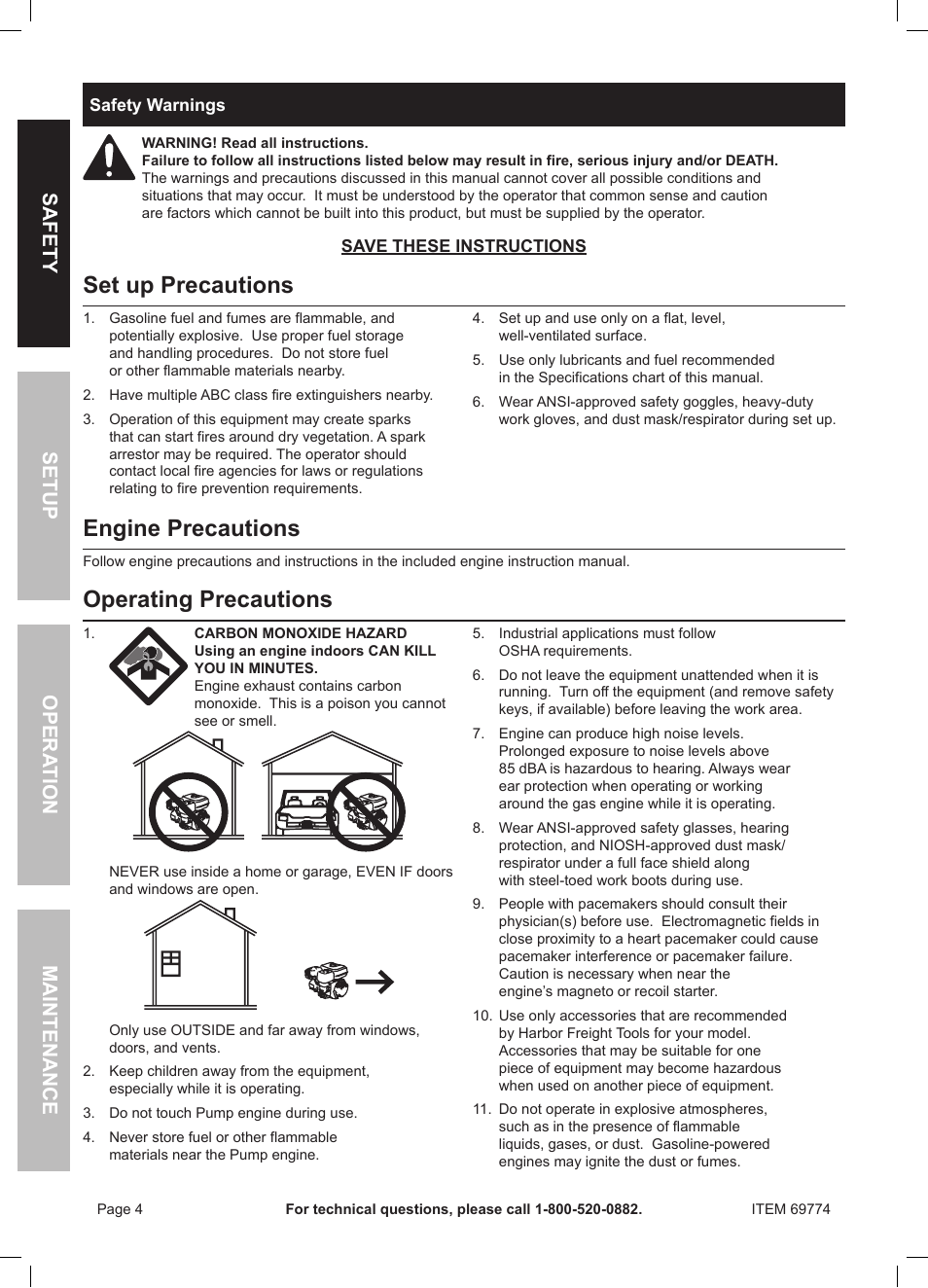 Set up precautions, Engine precautions, Operating precautions | Safety opera tion maintenance setup | Harbor Freight Tools Pacific Hydrostar 212cc Gasoline Powered Clear Water Pump 69774 User Manual | Page 4 / 24