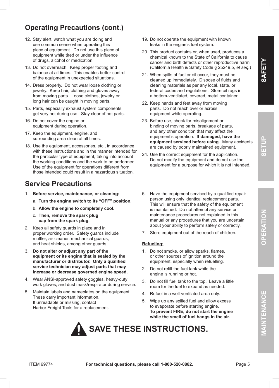 Save these instructions, Service precautions, Operating precautions (cont.) | Safety opera tion maintenance setup | Harbor Freight Tools Pacific Hydrostar 212cc Gasoline Powered Clear Water Pump 69774 User Manual | Page 5 / 24