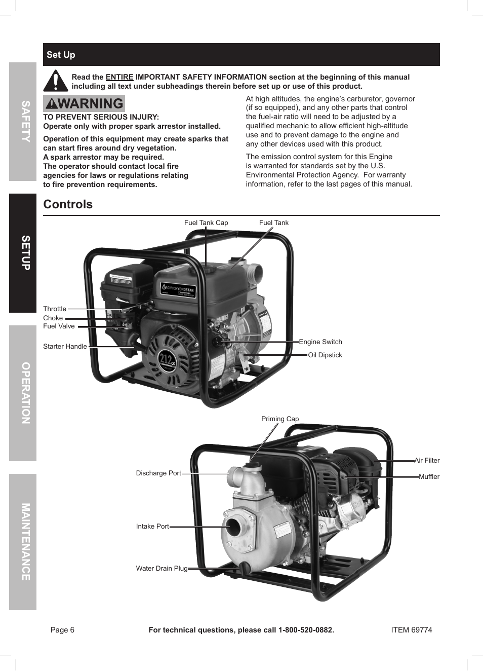 Controls, Safety opera tion maintenance setup | Harbor Freight Tools Pacific Hydrostar 212cc Gasoline Powered Clear Water Pump 69774 User Manual | Page 6 / 24